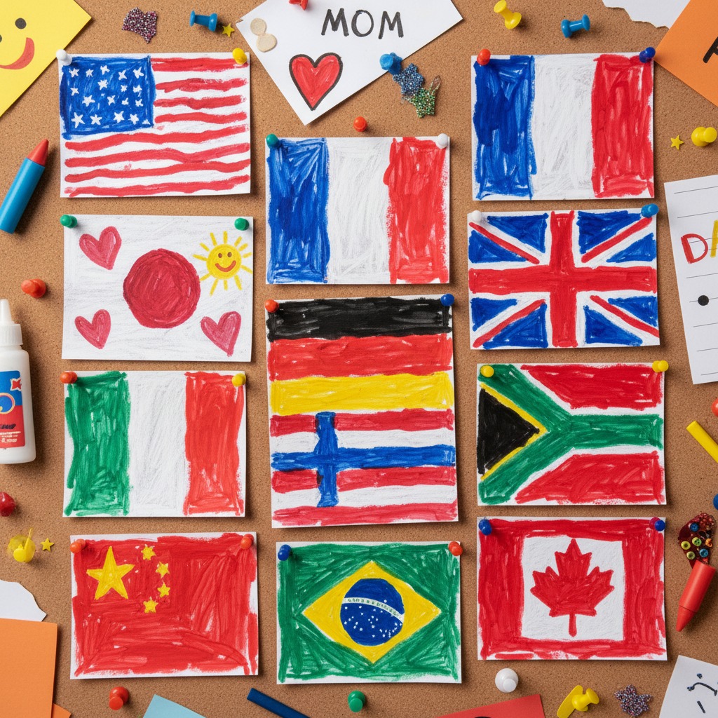 Children's colorful drawings of various world flags are pinned to a corkboard.