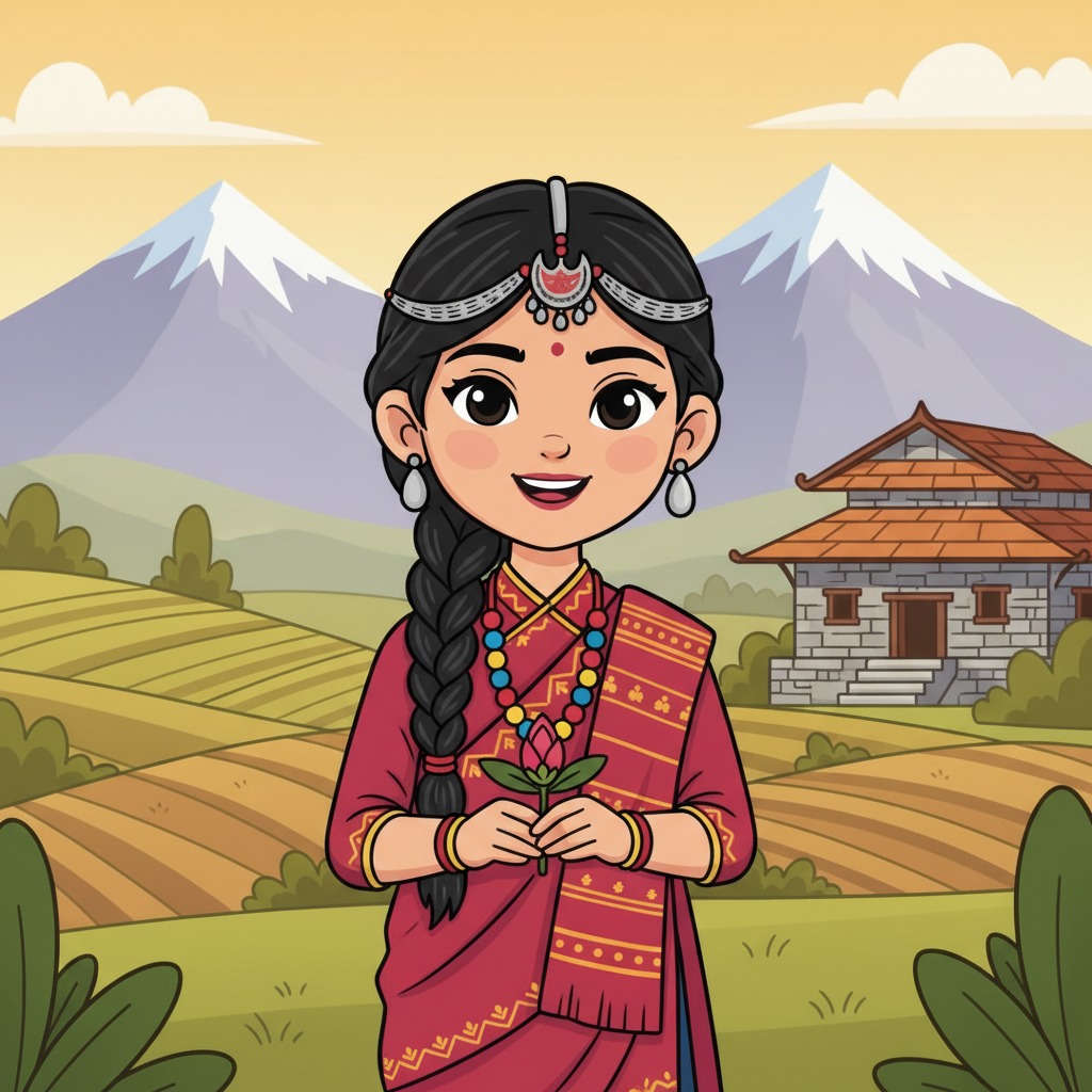 An illustrated woman in traditional Nepali attire holds a lotus flower against a mountainous backdrop with terraced fields and a stone house.