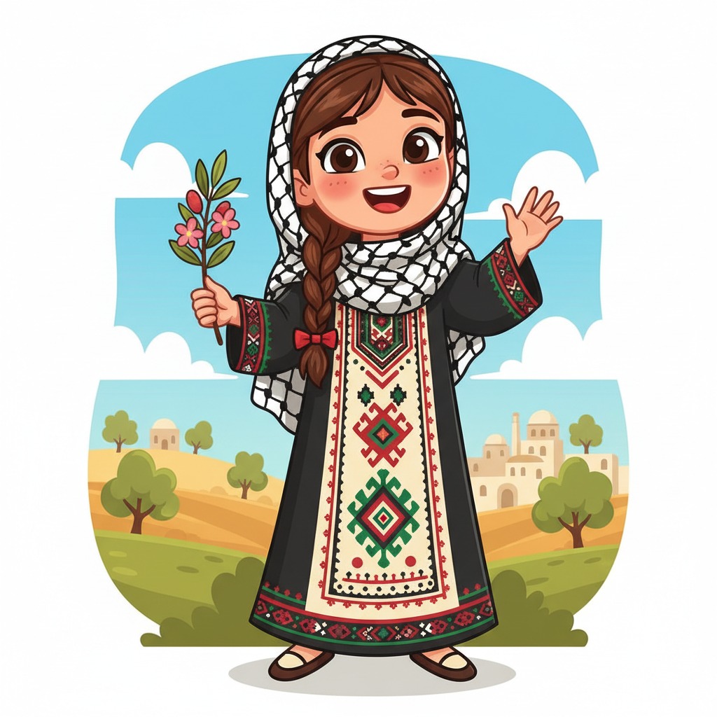 An illustrated young girl wearing a keffiyeh and traditional embroidered dress waves and holds a flowering branch.