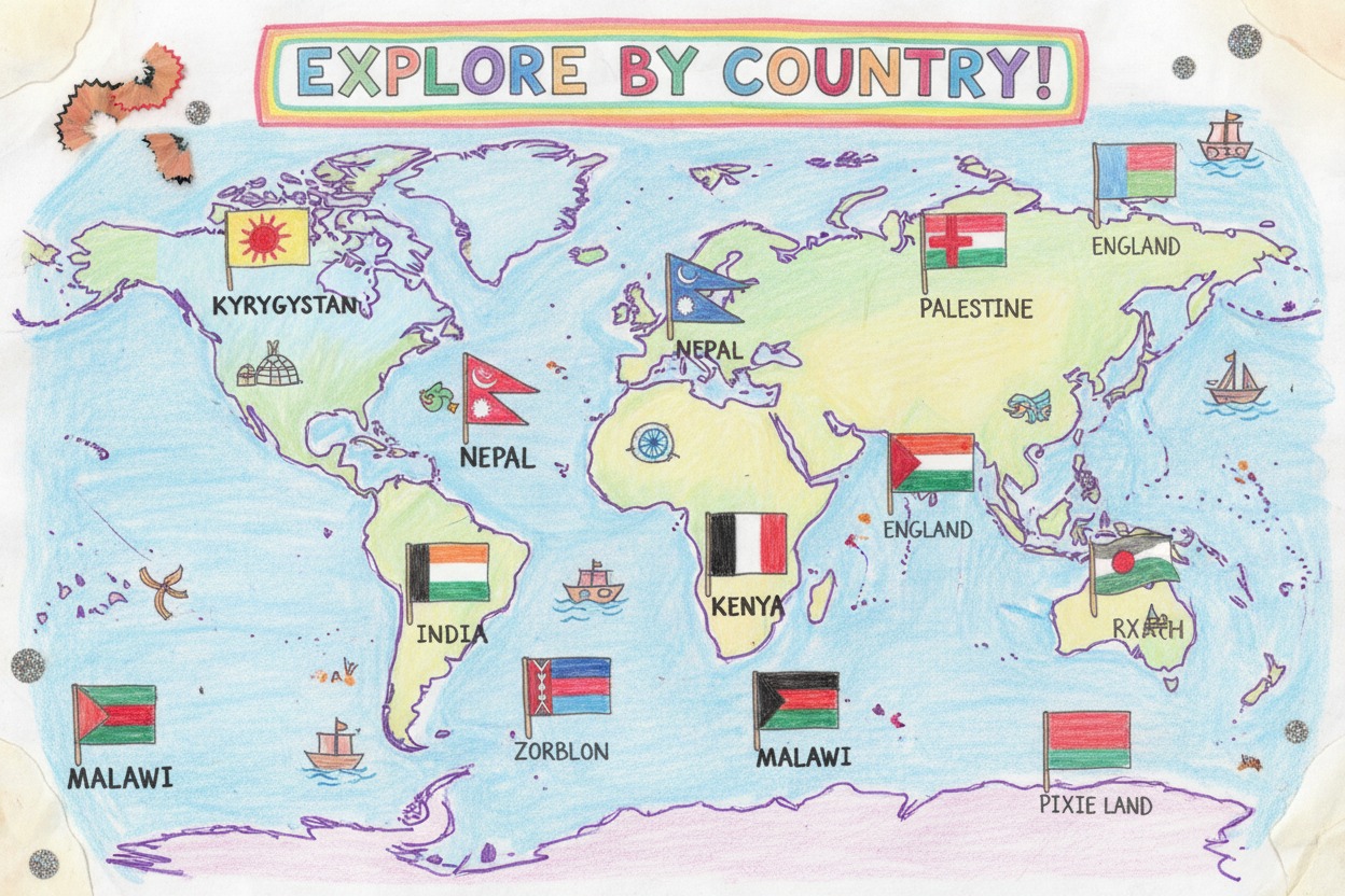 A hand-drawn map of the world features incorrectly labeled flags and countries, with the title "EXPLORE BY COUNTRY!" at the top.